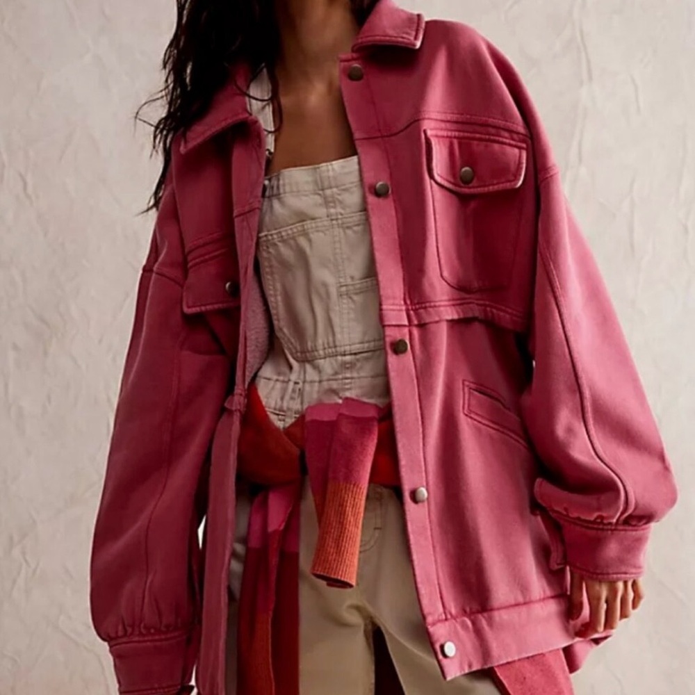 FREE PEOPLE We The Free Dawson Chore Jacket OVERSIZED Pink Painted Roses  XS/S/M